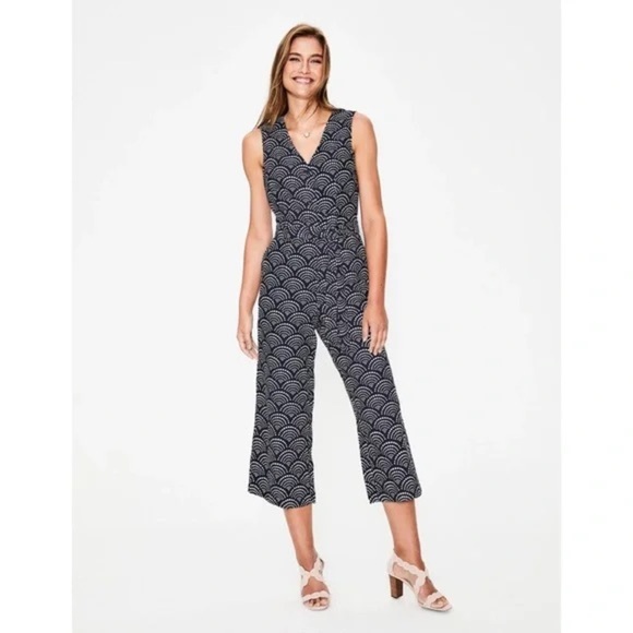 Boden Verity Linen Blend Navy and White Patterned Jumpsuit Size 6